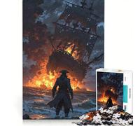 Adults Puzzles 1000 Piece Jigsaws Burning Ship And Pirate on Shore, Hands-on Game, Fun Activities at Home, Great Gift for Gaming 50x75cm