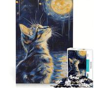 Adults Puzzles 1000 Piece Jigsaws Cat Gazing at The Moon, Hands-on Game, Fun Activities at Home, Great Gift for Gaming 50x75cm