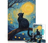 Adults Puzzles 1000 Piece Jigsaws Cat Under The Moon Fine Cut Design Smart Mind Activity Peace Time Play Xmas Art Display (38x26cm)