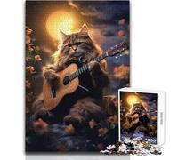 Adults Puzzles 1000 Piece Jigsaws Cat Under The Stars Guitar Peaceful Relaxing Leisure Pursuit Ideal Accurate Cut Play Craft Toy Size 50x75cm