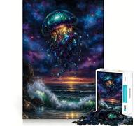Adults Puzzles 1000 Piece Jigsaws Celestial Jellyfish Over Ocean Painting Fine Cut Design Smart Mind Activity Peace Time Play Xmas Art Display (38x26cm)