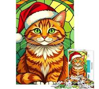 Adults Puzzles 1000 Piece Jigsaws Christmas Ginger Cat Stained Glass Illustration Jigsaw for Adults Family Game Hand Speed Race Unique Gifts for Birthday And Christmas (Size 38x26cm)