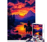 Adults Puzzles 1000 Piece Jigsaws Cowboy And Horse at Sunset River Educational Toy Gifts Ideas for Educational Game Improving Love between Couples Size 38x26cm