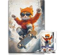 Adults Puzzles 1000 Piece Jigsaws Funny Cat Skateboarding on A Skate Peaceful Relaxing Leisure Pursuit Ideal Accurate Cut Play Craft Toy Size 38x26cm