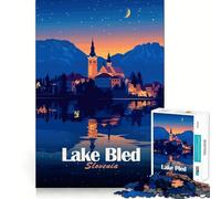 Adults Puzzles 1000 Piece Jigsaws Lake Bled Slovenia at Night Neat Fit Decor Logic Skill Play Casual Fun Time Birthday Game Gift (50x75cm)