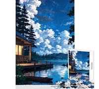 Adults Puzzles 1000 Piece Jigsaws Lakeside Cabin at Night DIY Toys Art Work Gift for Educational Game Improving Love between Couples Size 38x26cm