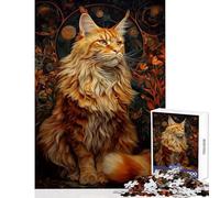 Adults Puzzles 1000 Piece Jigsaws Majestic Red Tabby Maine Coon Cat Portrait with Floral Background Jigsaw Puzzles 1000 Practical Game Great Gifts And Toys Staycation Kill Time (38x52cm)