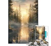 Adults Puzzles 1000 Piece Jigsaws Misty Sunrise Over A Forest Lake Hands-on Game Toy Intellectual Game Gifts for Women Men Stress Reliever (Size 38x52cm)