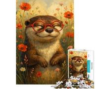 Adults Puzzles 1000 Piece Jigsaws Otter with Glasses in Flower Field Hands-on Game Toy Intellectual Game Gifts for Women Men Stress Reliever (Size 50x75cm)