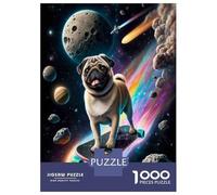 Adults Puzzles 1000 Piece Jigsaws Pug Riding Skateboard in Space Adult Jigsaw Puzzle Brain Teaser Game Stress Reliever for Is Ideal As A Gift 52x38cm/1000pcs