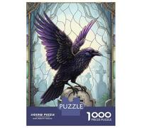 Adults Puzzles 1000 Piece Jigsaws Raven on Tombstone Stained Glass Art Puzzle for Adults Toy Wall Decor Presents for Women Unique Gifts for Birthday And Christmas 70x50cm/1000pcs