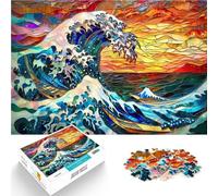 Adults Puzzles 1000 Piece Jigsaws Stained glass Hokusai wave Familienaktivität Die Liebe zwischen Paaren stärken75x50cm
