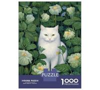 Adults Puzzles 1000 Piece Jigsaws White Cat Among Flowers Adult Jigsaw Puzzle Brain Teaser Game Stress Reliever for Is Ideal As A Gift 38x26cm/1000pcs