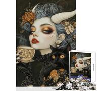 Adults Puzzles 1000 Piece Jigsaws Witchcore Tea Time with Black Cat Familiar Jigsaw Puzzles 1000 Practical Game Great Gifts And Toys Staycation Kill Time (50x75cm)