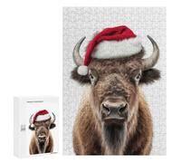 Adults Puzzles 300 PCS Jigsaws Christmas Bison with Santa Hat Puzzle for Adults Brain Teaser Game Analysis And Logic Parent-child Interaction 300 PCS