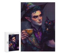 Adults Puzzles 300 PCS Jigsaws Elf Wizard with Black Cat And Tea Puzzle for Adults Toy Wall Decor Stress Reliever Difficult And Challenge 300 PCS