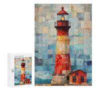 Adults Puzzles 300 PCS Jigsaws Lighthouse Watercolor Art Patchwork Lighthouse at Sunset Puzzle for Adults Toy Wall Decor Stress Reliever Difficult And Challenge 300 PCS