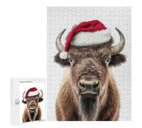 Adults Puzzles 500 PCS Jigsaws Christmas Bison with Santa Hat Puzzle for Adults Brain Teaser Game Analysis And Logic Parent-child Interaction 500 PCS