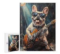 Adults Puzzles 500 PCS Jigsaws Frenchie Playing Guitar Art Print Jigsaw Puzzles for Teenagers Precision Cutting Parent-child Interaction Beautiful Design Game 500 PCS