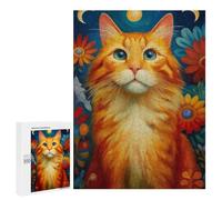 Adults Puzzles 500 PCS Jigsaws Ginger Cat with Flowers Jigsaw Puzzles for Teenagers Precision Cutting Parent-child Interaction Beautiful Design Game 500 PCS