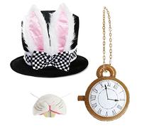 Adults Rabbit Costume Accessory - Rabbit Hat with Attached Ears and Bow, Inflatable Clock, Rabbit Nose on Elastic - Adults World Book Day Book W ancy Dress Costume