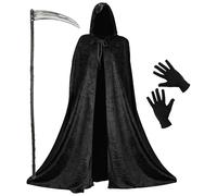 Adults Reaper Costume - Black Velour Cloak With an Attached Hood, a 5 Piece Constructable Scythe, and a Pair of Black Gloves - Perfect for Halloween Fancy Dress