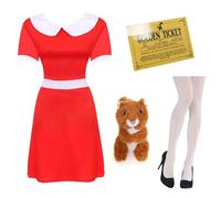 Adults Red Dress with White Collar, Golden Ticket, Plush Squirrel 8" & White Tights - Classic Book Character Costume Set for Women - Ideal for Book Week, Fancy Dress, Halloween & School Plays
