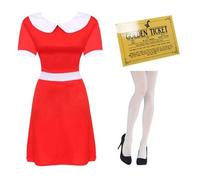 Adults Red Dress with White Collar, Golden Ticket & White Tights - Classic Book Character Costume Set for Women - Ideal for Book Week, Fancy Dress, Halloween & School Plays - Medium