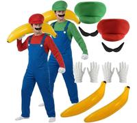 Adults Red & Green Super Brothers Plumber Costume Set with Red Hat, Green Hat, Dungarees, Moustaches, Gloves and Inflatable Banana Funny Fancy Dress Outfit for Parties Events