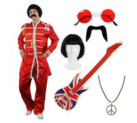 Adults Red Sergeant Pepper Costume - Medium - Red Jacket & Trousers, Glasses, Moustache, Black 1960's Wig, Hippy Pendant Necklace and Inflatable Guitar - Perfect for 1960's & Music Themed Events
