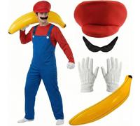 Adults Red Super Workman Plumber Costume Set with Hat, Dungarees, Tash, Gloves and Inflatable Banana - Fun Character Fancy Dress Outfit for Parties and Events