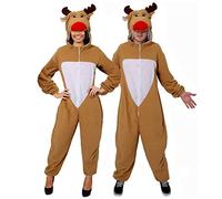 Adults Reindeer Costume - Medium - Fleece Jumpsuit With Attached Reindeer Hood - Xmas Outfit Rudolph Santa's Helper Rudolph Reindeer Christmas Fancy Dress Onesie