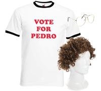 Adults Retro Loner Costume - Medium - White 'Vote for Pedro' T-Shirt, Gold-Framed Glasses, Brown Curly Wig - Mens Funny Movie Quote Graphic Tee Film Fancy Dress Costume
