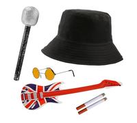 Adults Rock Band Accessory Set - Black Bucket Hat, Round Blue Glasses, Inflatable Guitar, Microphone, Fake Cigarettes - Adults 6-Piece Music Best of British Fancy Dress Accessory Set