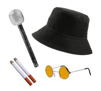 Adults Rock Band Accessory Set - Black Bucket Hat, Round Orange Glasses, Microphone, 2 Fake Cigarettes - Adults 4-Piece Music Best of British Party Fancy Dress Costume Accessory Set