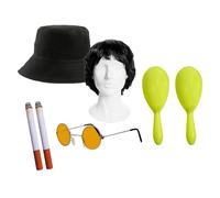 Adults Rock Band Accessory Set - Black Wig, Reversible England Bucket Hat, Round Orange Glasses, Yellow Maracas, Fake Cigarettes - Adults Music Best of British Party Fancy Dress Accessory Set