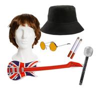 Adults Rock Band Accessory Set - Brown Wig, Black Bucket Hat, Round Blue Glasses, Inflatable Guitar, Microphone, Fake Cigarettes - Adults 7-Piece Music Best of British Fancy Dress Accessory Set