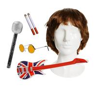Adults Rock Band Accessory Set - Brown Wig, Round Blue Glasses, Inflatable Union Jack Guitar, Microphone, Fake Cigarettes - Adults 6-Piece Music Best of British Fancy Dress Accessory Set