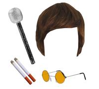 Adults Rock Band Accessory Set - Brown Wig, Round Orange Glasses, Microphone, 2 Fake Cigarettes - Adults 4-Piece Music Best of British Party Fancy Dress Costume Accessory Set