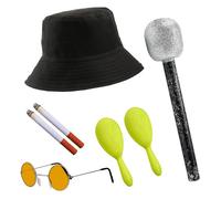 Adults Rock Band Accessory Set - Reversible England Bucket Hat, Round Orange Glasses, Yellow Maracas, Microphone, Fake Cigarettes - Adults 6-Piece Music Best of British Fancy Dress Accessory Set