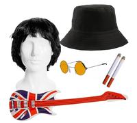 Adults Rock Band Accessory Set - Wig, Black Bucket Hat, Round Blue Glasses, Inflatable Guitar, Fake Cigarettes - Adults 7-Piece Music Best of British Fancy Dress Accessory Set
