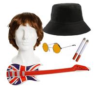 Adults Rock Band Accessory Set - Wig, Black Bucket Hat, Round Blue Glasses, Inflatable Guitar, Fake Cigarettes - Adults 7-Piece Music Best of British Fancy Dress Accessory Set