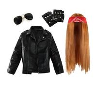 Adults Rock Star Costume - XX-Large - Long Ginger Wig, Paisley Red Bandana, Sunglasses, Black Studded Gloves, Black Leather-Look Jacket - Mens 80s Rock Band Fancy Dress Costume