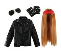 Adults Rock Star Costume - XX-Large - Long Ginger Wig, Plain Red Bandana, Sunglasses, Black Studded Gloves, Black Leather-Look Jacket - Mens 80s Rock Band Fancy Dress Costume