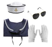 Adults Sailor Accessory Set - White Sailor Hat, Navy and White Scarf, Gold Frame Sunglasses and White Gloves - Perfect for Any Fancy Dress Event