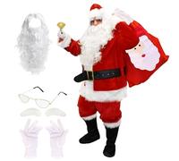 Adults Santa Claus Christmas Costume - 3XL - Jacket, Trousers, Hat, Belt, Boot Covers, Wig, Beard, Glasses, Gloves, Eyebrows, Sack, Bell - 12 Piece Father Christmas Festive Xmas Fancy Dress Costume