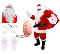 Adults Santa Claus Christmas Costume - 4XL - Jacket, Trousers, Hat, Belt, Boot Covers, Wig, Beard, Glasses, Gloves, Sack, Bell, Inflatable Belly - 13 Piece Father Christmas Xmas Fancy Dress Costume
