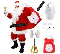 Adults Santa Claus Christmas Costume - 4XL - Jacket, Trousers, Hat, Belt, Sack, Boot Covers, Wig, Beard, Glasses, Gloves, Eyebrows, Bell - 12 Piece Father Christmas Festive Xmas Fancy Dress Costume