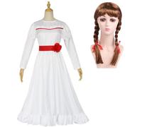 Adults Scary Doll Anna Costume, Womens Horror Doll White Dress with Waistband and Wig, Scary Creepy Movie Costume Halloween Outfits