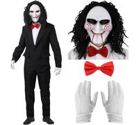 Adults Scary Puppet Costume - Black Suit, Mask, Wig, Gloves & Bowtie - Puzzle Game Horror Movie Halloween Outfit for Spooky Fancy Dress, Party & Cosplay